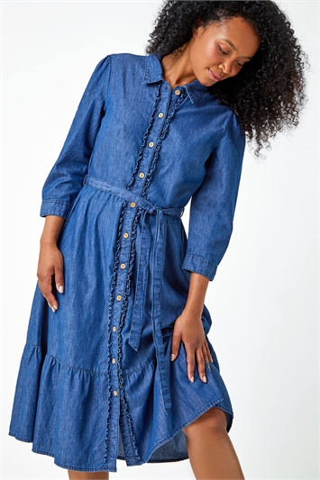 Blue Petite Cotton Frill Detail Denim Dress
