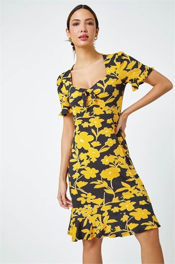 Yellow Floral Frill Hem Stretch Dress