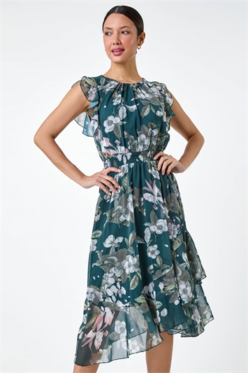 Green Floral Frill Shirred Asymmetric Midi Dress