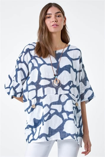 Blue Animal Print Cotton Top And Necklace