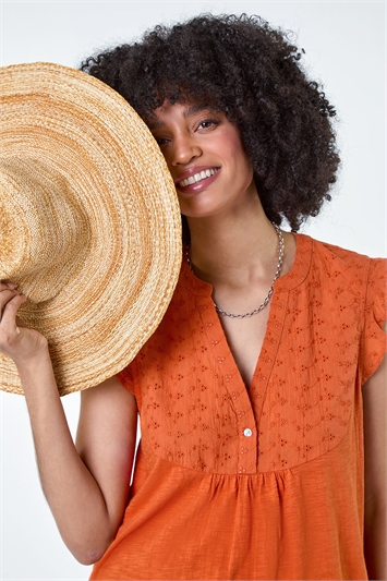 Orange Embroidered Frill Cotton Blend V-Neck Vest Top