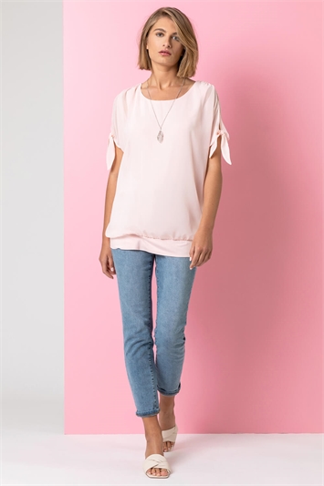 Light Pink Chiffon Layered Tie Detail Top With Necklace, Image 3 of 4