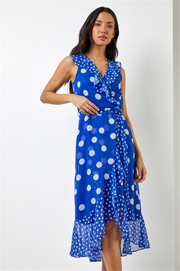 Royal Blue Polka Dot Frill Detail Wrap Dress