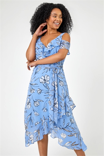 Blue Petite Floral Print Cold Shoulder Midi Dress, Image 3 of 5
