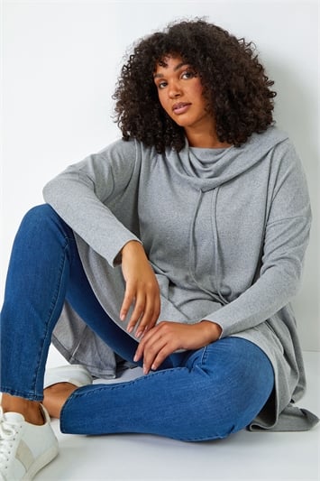 Grey Curve Cowl Neck Relaxed Stretch Top