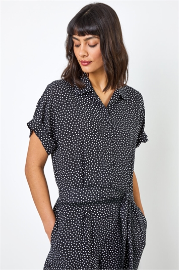 Black Spot Print Collared Jumpsuit, Image 4 of 5