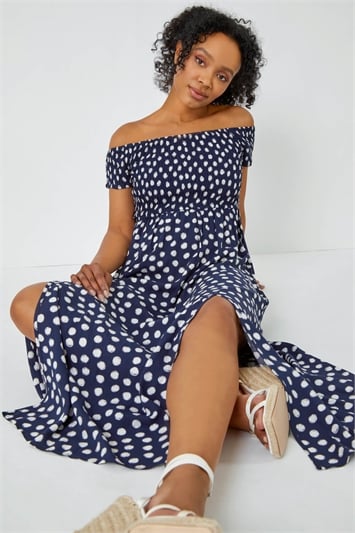 Blue Petite Polka Dot Bardot Maxi Dress