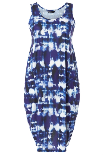 Blue Tie Dye Print Pocket Cocoon Dress, Image 5 of 5