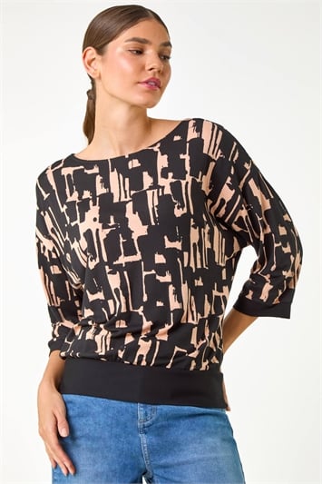 Black Abstract Banded Hem Stretch Top