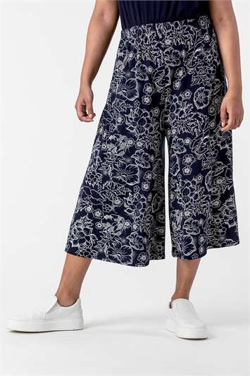 Multi Curve Floral Print Culotte Trousers , Image 3 of 4