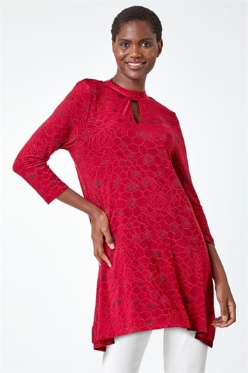 Red Textured Print Keyhole Stretch Tunic Top