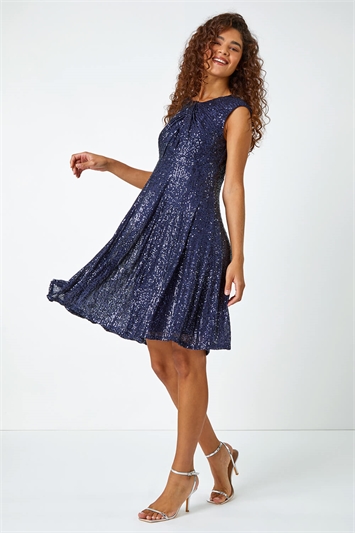 Blue Sequin Twist Front Stretch Dress