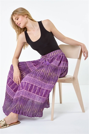 Purple Crinkle Cotton Metallic Foil A Line Midi Skirt
