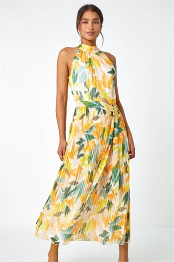 Yellow Floral Halterneck Pleated Chiffon Maxi Dress