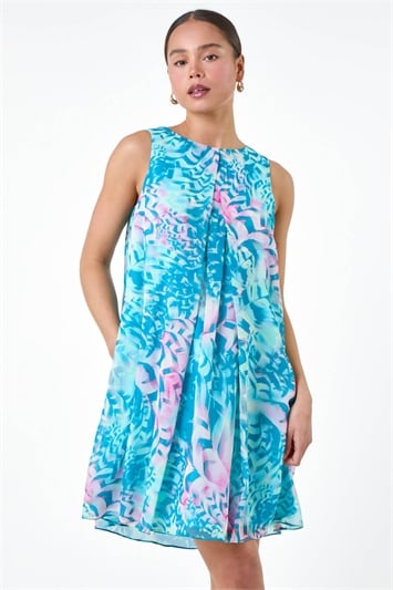 Blue Petite Abstract Print Pleat Neck Dress