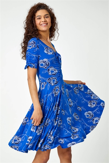 Blue Floral Stretch Jersey Tea Dress