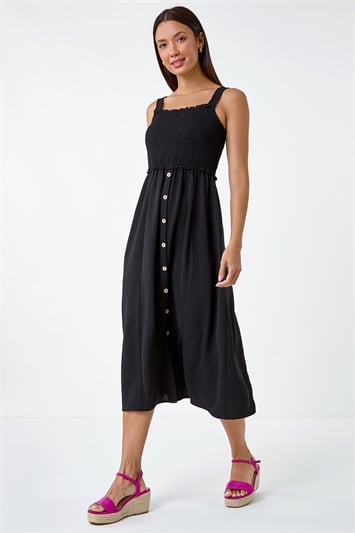 Black Plain Shirred Button Detail Midi Dress
