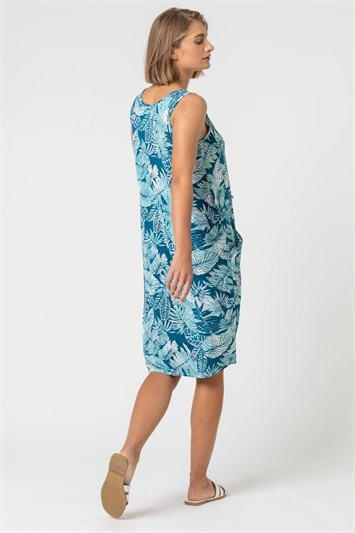 Blue Leaf Print Slouch Pocket Dress, Image 2 of 4