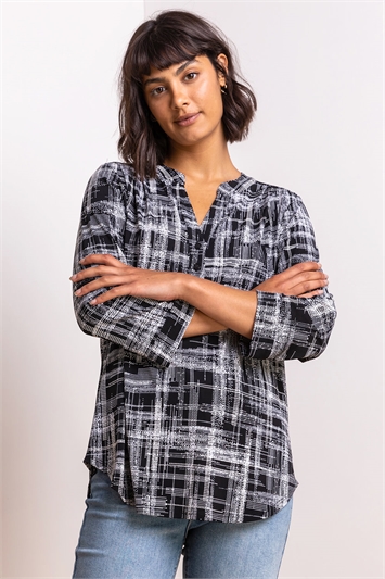 Black Textured Check Print Jersey Top, Image 1 of 4