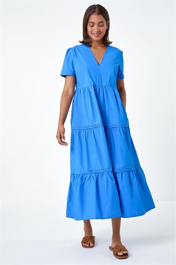 Blue Plain Cotton Tiered Maxi Dress