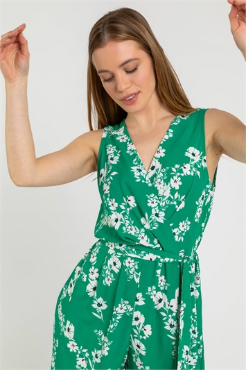 Green Petite Floral Belted Wrap Jumpsuit, Image 4 of 5