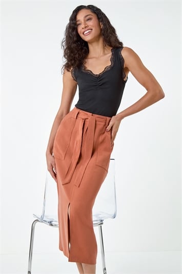 Brown Belted A-Line Midi Skirt