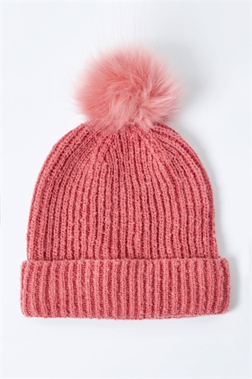 Pink Ribbed Pom Pom Beanie Hat