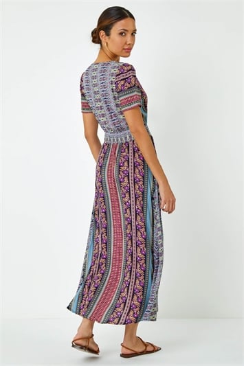 Purple Floral Print Fit And Flare Maxi Dress