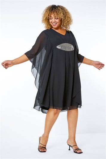 Black Curve Embellished Chiffon Overlay Dress