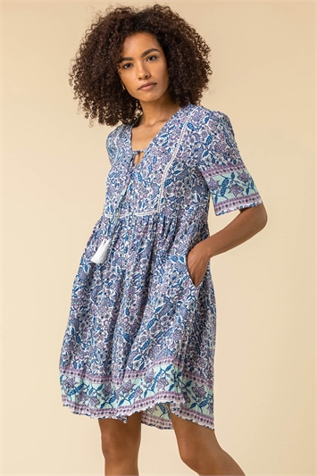 Blue Floral Border Print Tea Dress, Image 4 of 5