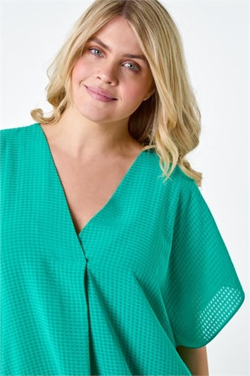 Green Curve Textured Plain Pleat Front Top