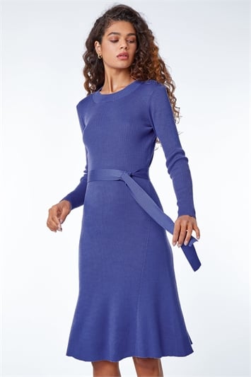 Blue Belted Knitted Midi Dress