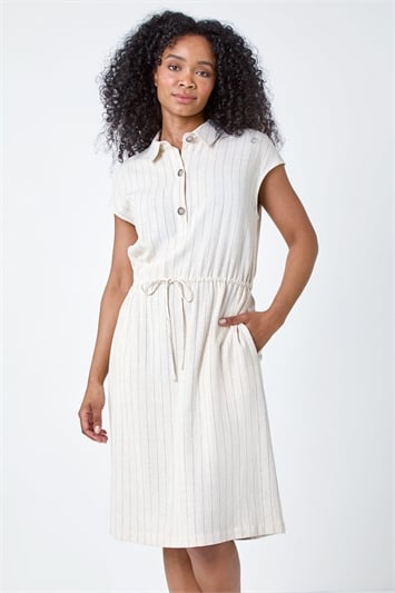 White Petite Stripe Linen Shirt Dress