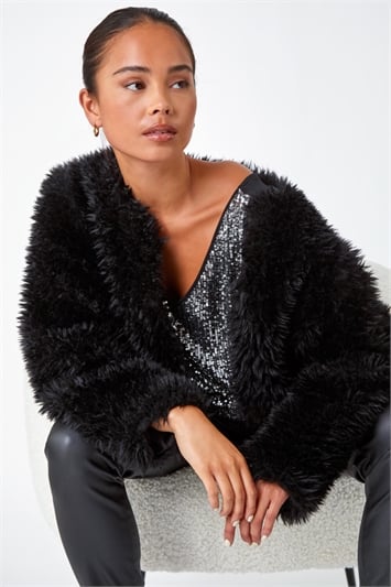 Black Petite Faux Fur Coat