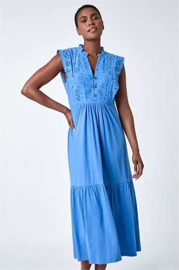 Blue Broderie Frilled Cotton Midi Dress