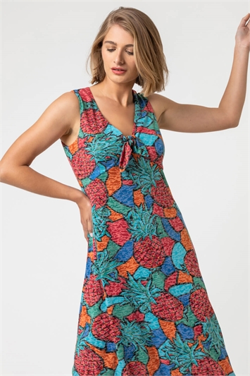 Turquoise Burnout Pineapple Print Knotted Dress, Image 3 of 4