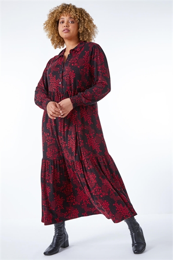 Red Curve Floral Print Shirt Dress, Image 4 of 5