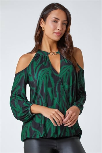 Multi Abstract Print Cold Shoulder Stretch Top