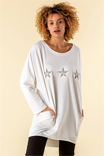 White One Size Long Sleeve Sequin Star Top