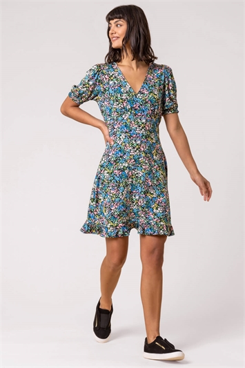 Blue Ditsy Floral Stretch Jersey Tea Dress, Image 3 of 5