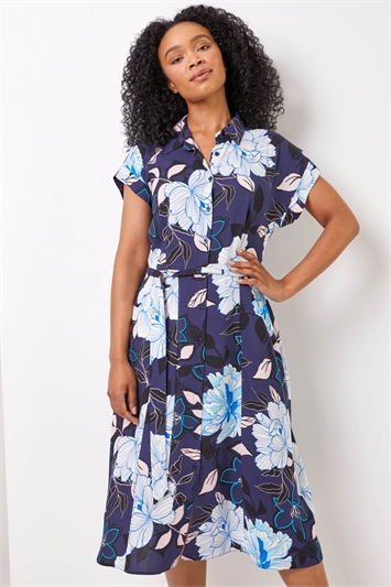 Navy Petite Floral Print Belted Shirt Dress, Image 1 of 4