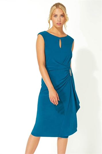 Blue Embellished Waterfall Midi Dress