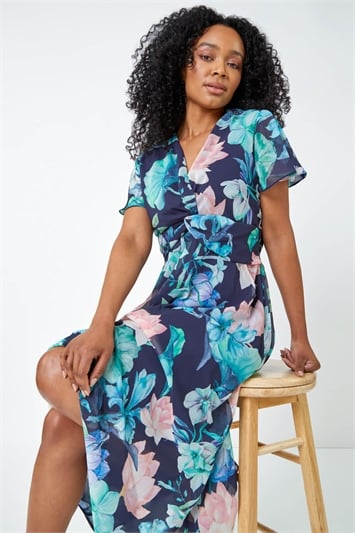 Blue Petite Floral Print Twist Front Maxi Dress