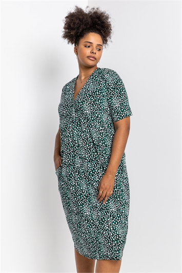 Green Curve Abstract Spot Print Pocket Dress