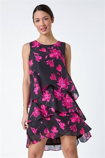 Black Floral Print Tiered Layer Dress