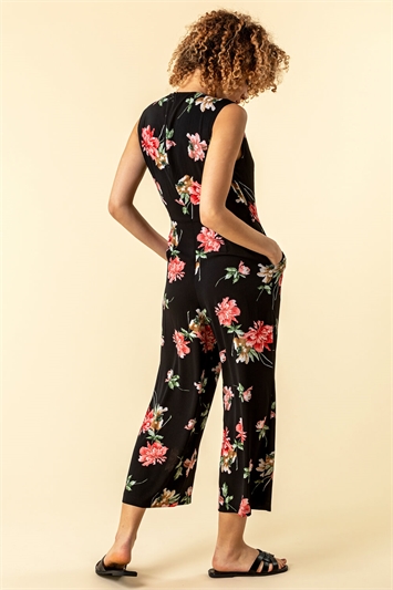 Black Wrap Front Floral Print Jumpsuit, Image 2 of 5