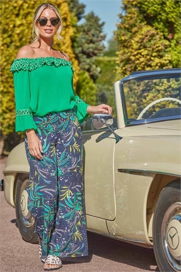 Navy Tropical Leaf Print Trousers
