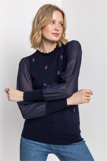 Midnight Blue Floral Embroidered Frill Neck Top