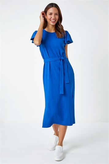 Blue Ruffle Sleeve Belted Cotton Midi Dress