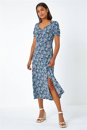 Green Ditsy Floral Ruched Stretch Midi Dress